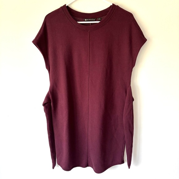 Athleta Embrace Sweater Dress Burgundy Belted Tie Waist Athleisure Short Sleeve - Picture 3 of 11